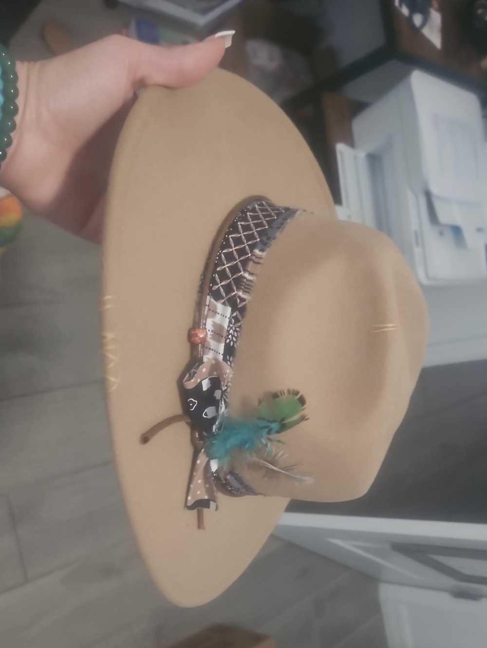 Women's Tan Felt Fedora Hat with Decorative Band and Feathers